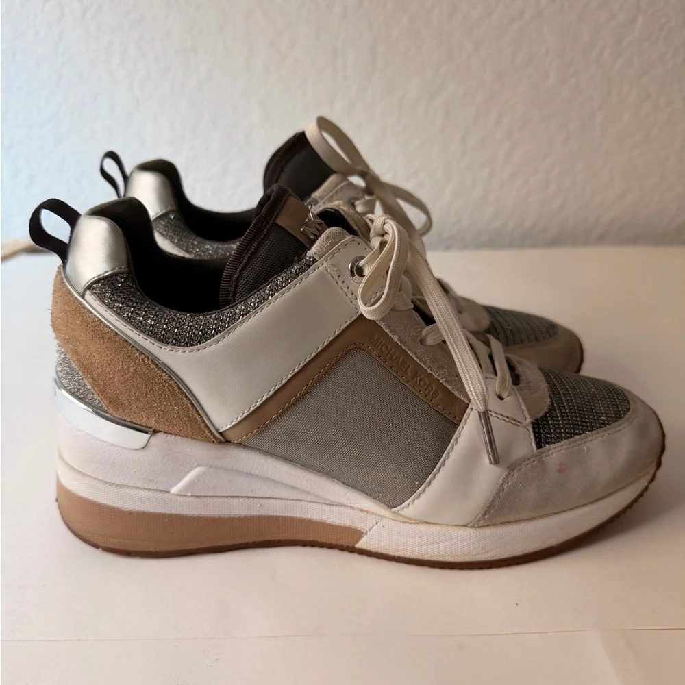 Michael Kors Georgie Mixed-Media Trainers | Silver & Tan Sneakers